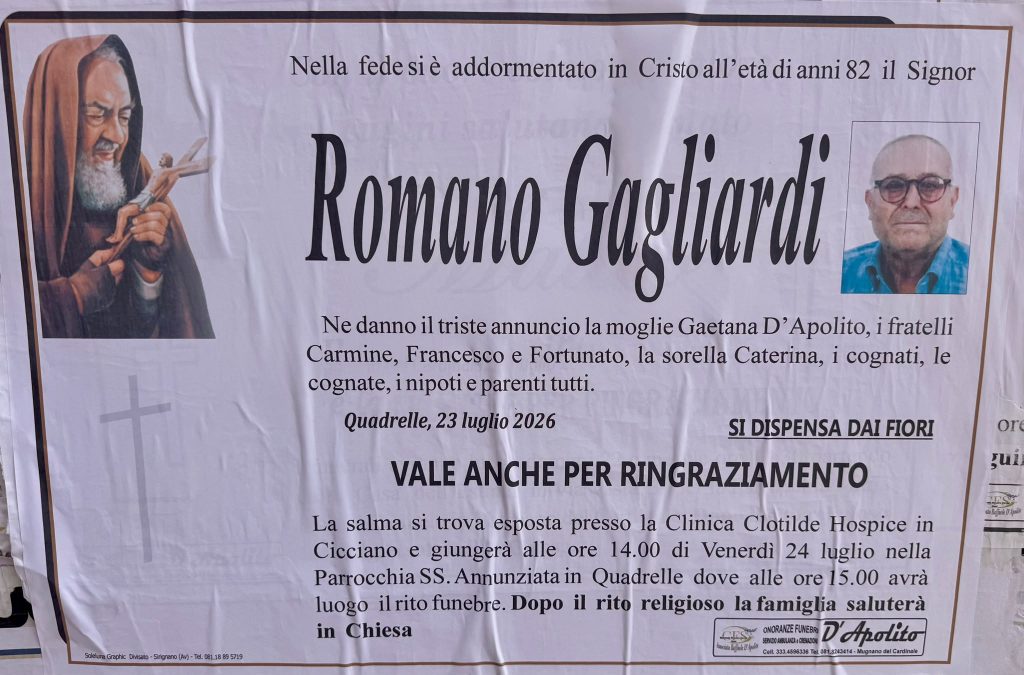 Quadrelle, addio a Romano Gagliardi: la comunità si prepara all’ultimo saluto Quadrelle, addio a Romano Gagliardi: la comunità si prepara all’ultimo saluto