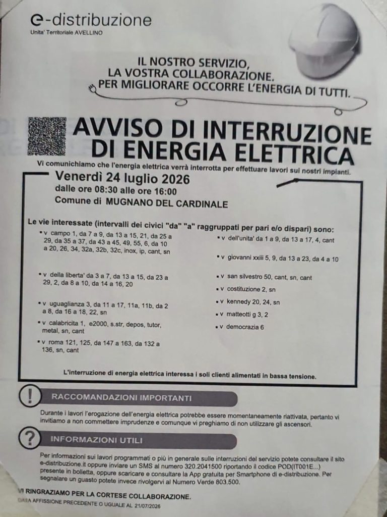 Mugnano del Cardinale, venerdì 24 luglio stop all’energia elettrica in diverse zone del paese: ecco strade e orari interessati