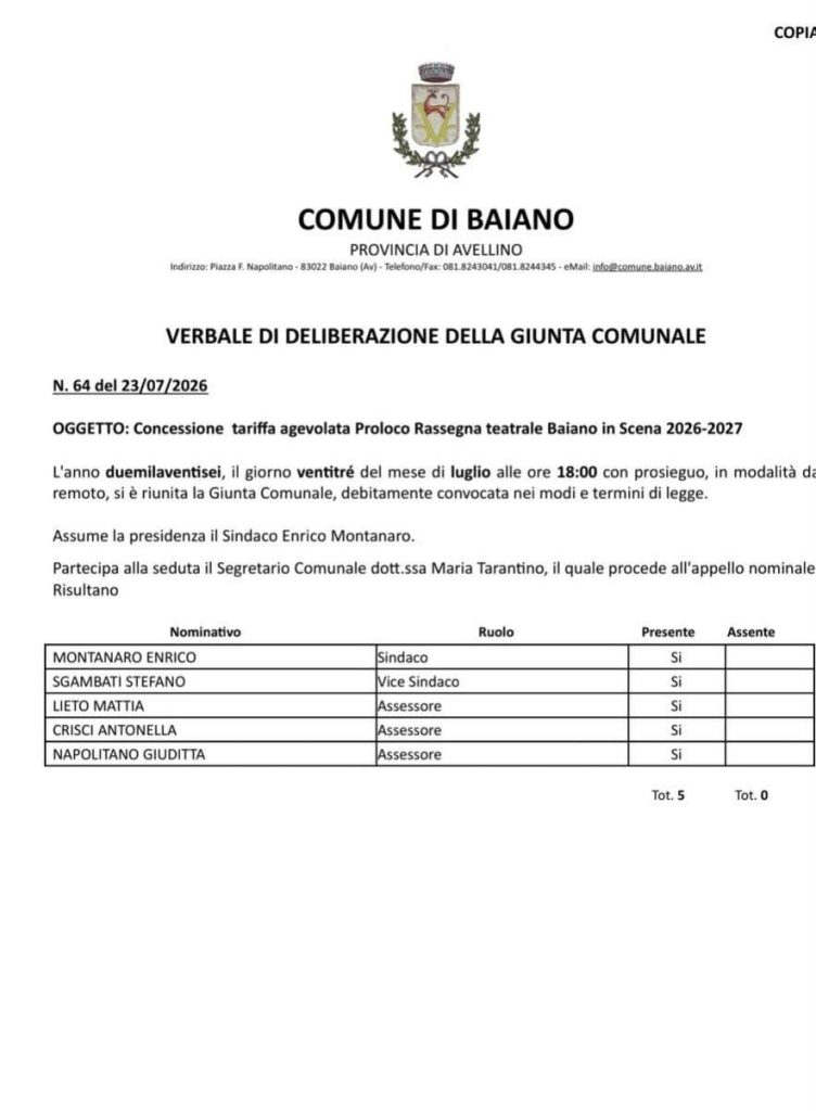 Baiano, la Giunta concede il patrocinio alla rassegna teatrale “Baiano in Scena 2026 2027”
