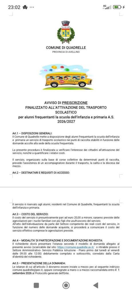 Quadrelle, al via le preiscrizioni per il servizio di trasporto scolastico 2026/2027 Quadrelle, al via le preiscrizioni per il servizio di trasporto scolastico 2026/2027