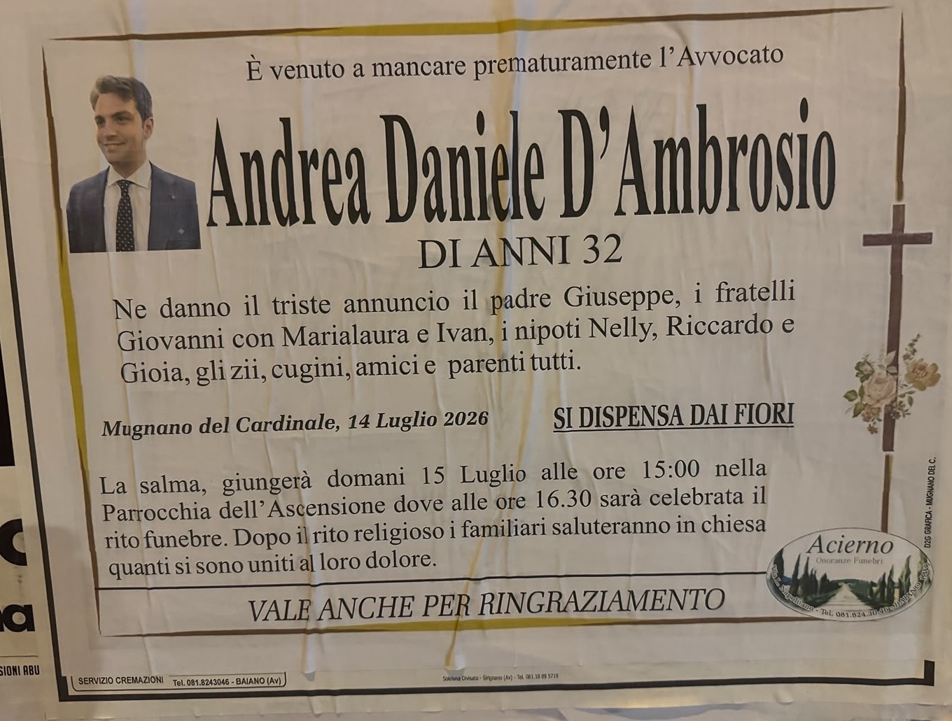 Mugnano del Cardinale in lutto per l’ultimo saluto a Andrea Daniele D’Ambrosio Mugnano del Cardinale in lutto per l’ultimo saluto a Andrea Daniele D’Ambrosio