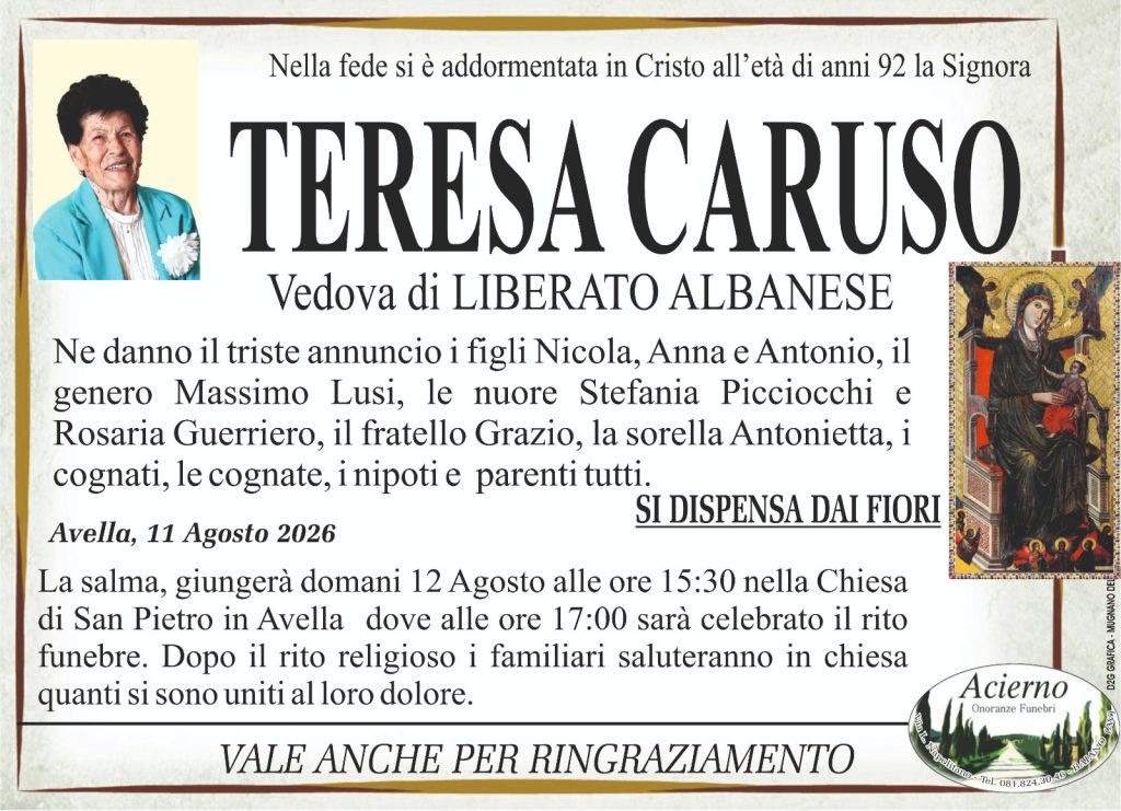 Avella. Lutto Teresa Caruso, aveva 92 anni