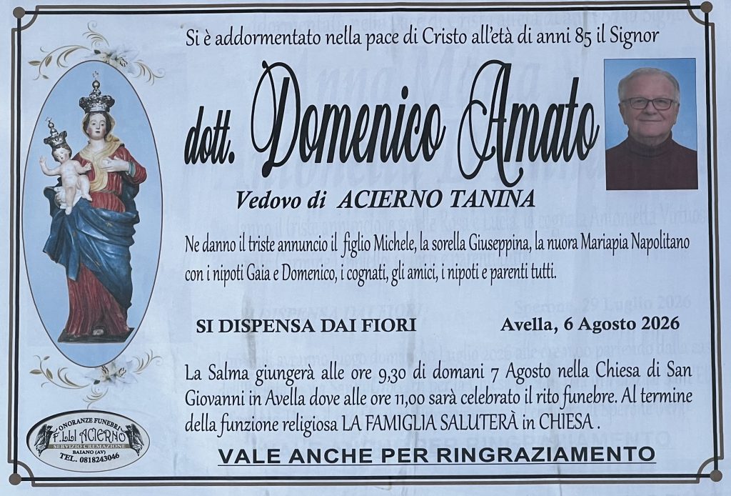 Lutto ad Avella: è scomparso il dott. Domenico Amato, aveva 85 anni Lutto ad Avella: è scomparso il dott. Domenico Amato, aveva 85 anni