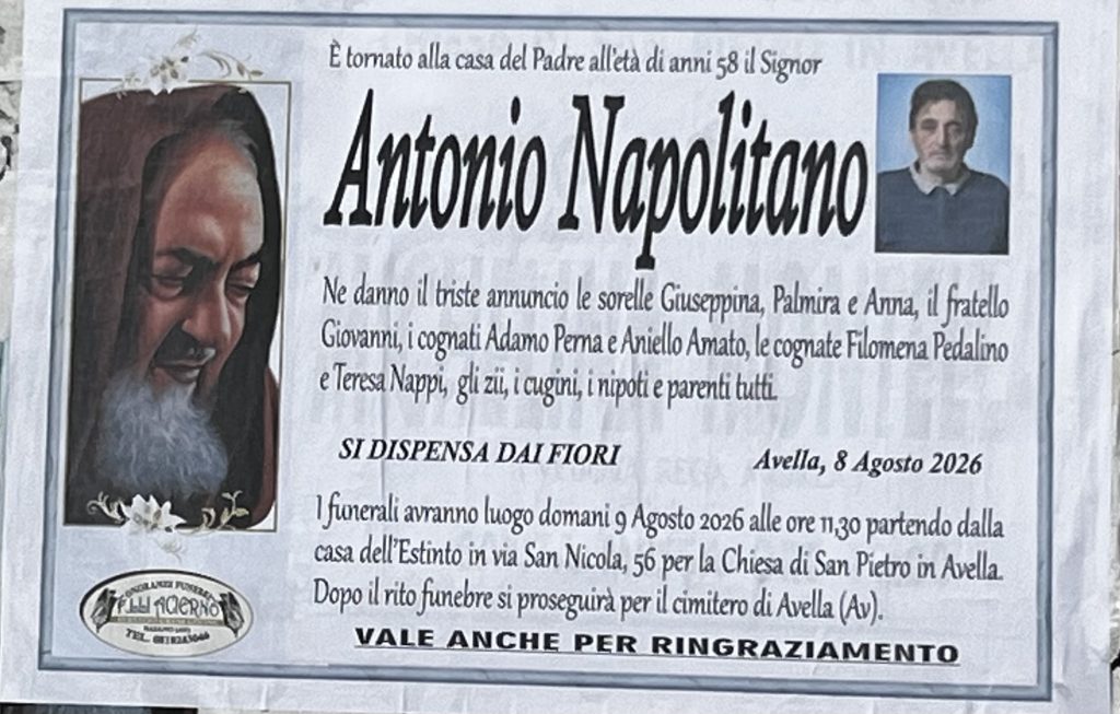 Avella: lutto per la scomparsa di Antonio Napolitano Avella: lutto per la scomparsa di Antonio Napolitano