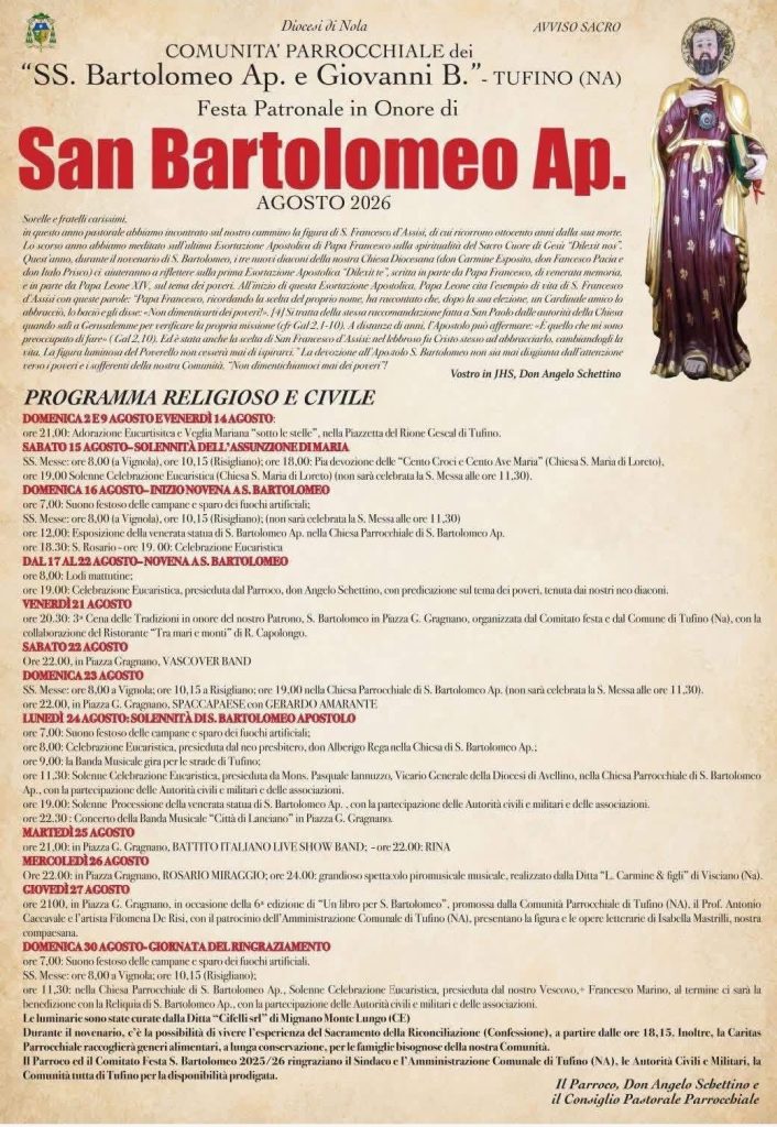 Tufino celebra San Bartolomeo Apostolo: fede, tradizione e spettacoli per la Festa Patronale 2026 Tufino celebra San Bartolomeo Apostolo: fede, tradizione e spettacoli per la Festa Patronale 2026