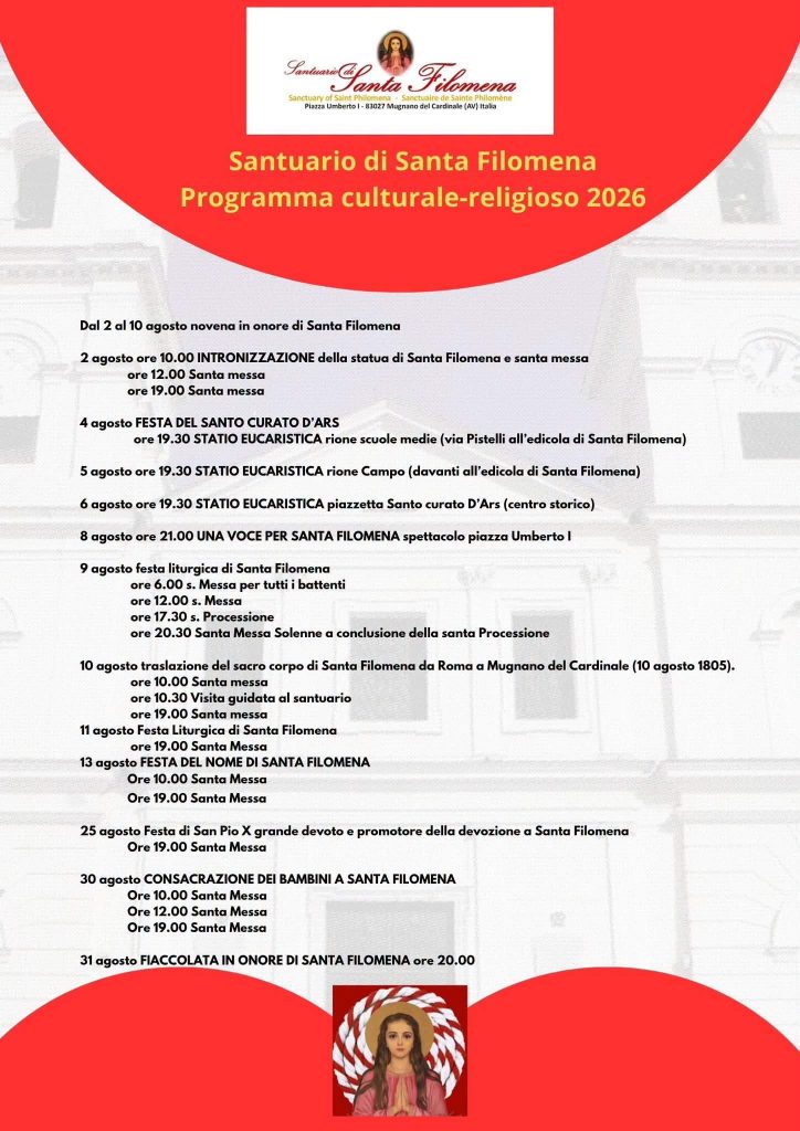 Mugnano del Cardinale si prepara alla festa di Santa Filomena: domani il via con l’intronizzazione della statua e tre celebrazioni eucaristiche Mugnano del Cardinale si prepara alla festa di Santa Filomena: domani il via con l’intronizzazione della statua e tre celebrazioni eucaristiche