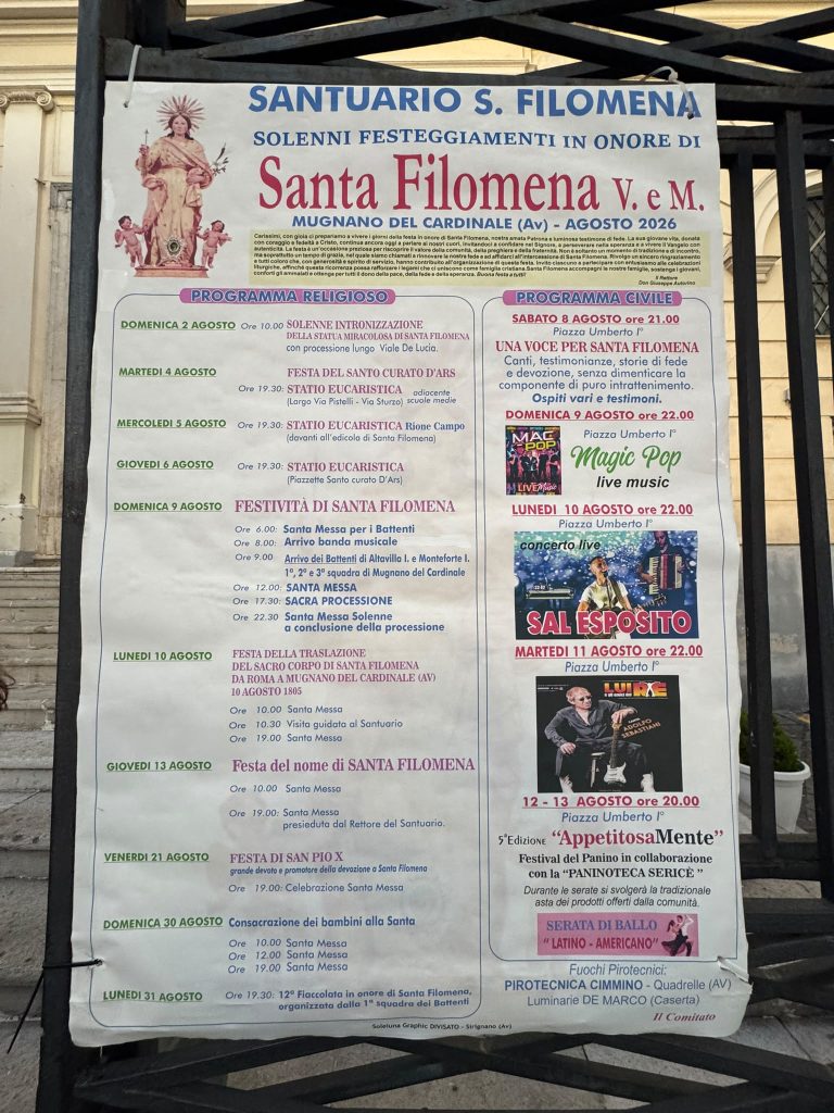 Mugnano del Cardinale, entra nel vivo la festa di Santa Filomena: fede, tradizione e spettacoli fino al 31 agosto Mugnano del Cardinale, entra nel vivo la festa di Santa Filomena: fede, tradizione e spettacoli fino al 31 agosto