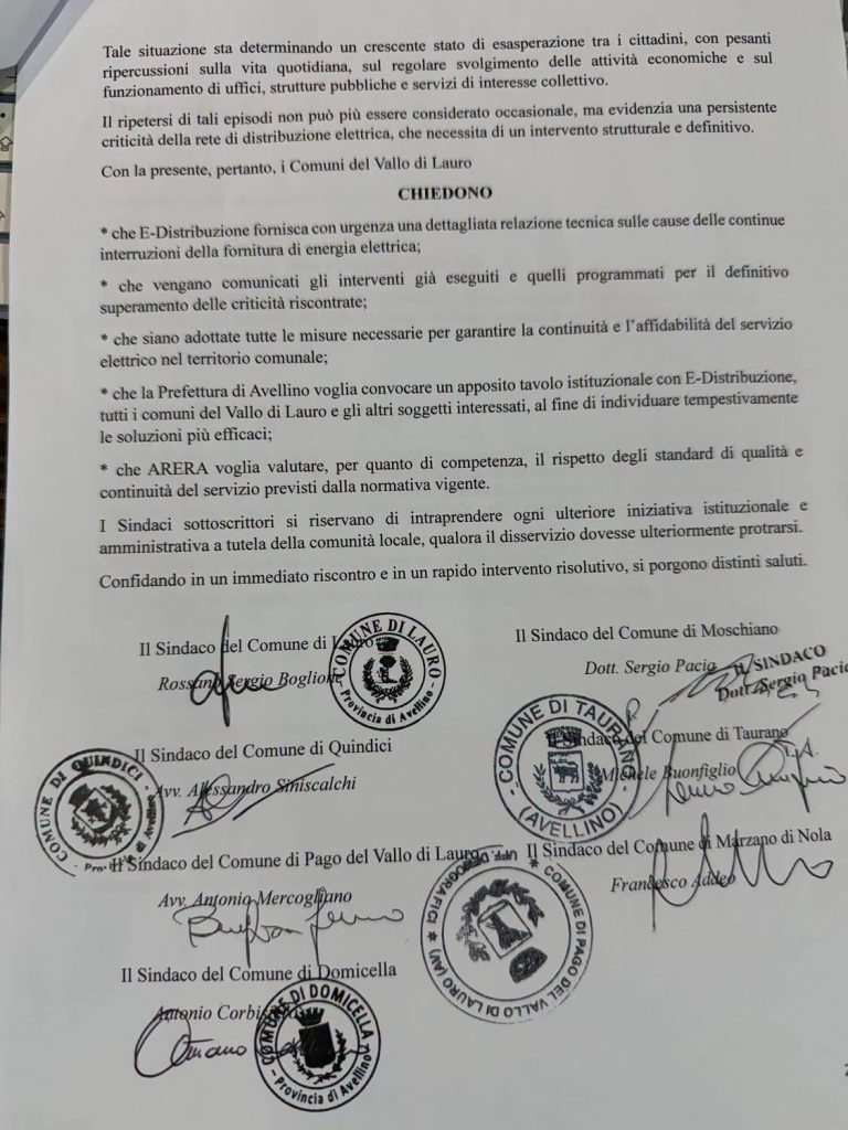 Blackout nel Vallo di Lauro, i sindaci fanno fronte comune: diffida a E Distribuzione e richiesta di un tavolo in Prefettura