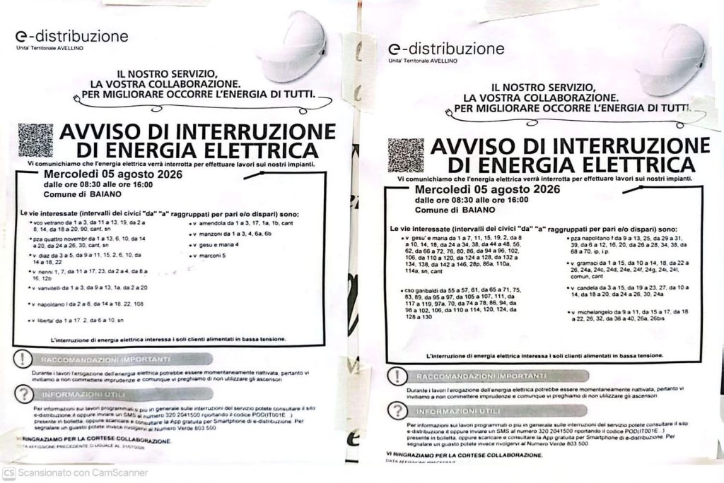 Baiano, lavori sulla rete elettrica: domani sospensione dell’energia in diverse strade. Il Comune assicura la continuità del servizio idrico