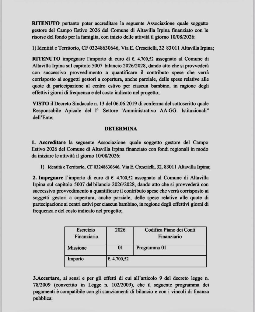 Palio dell’Anguria e Centro Estivo, il Comune di Altavilla Irpina approva due impegni di spesa