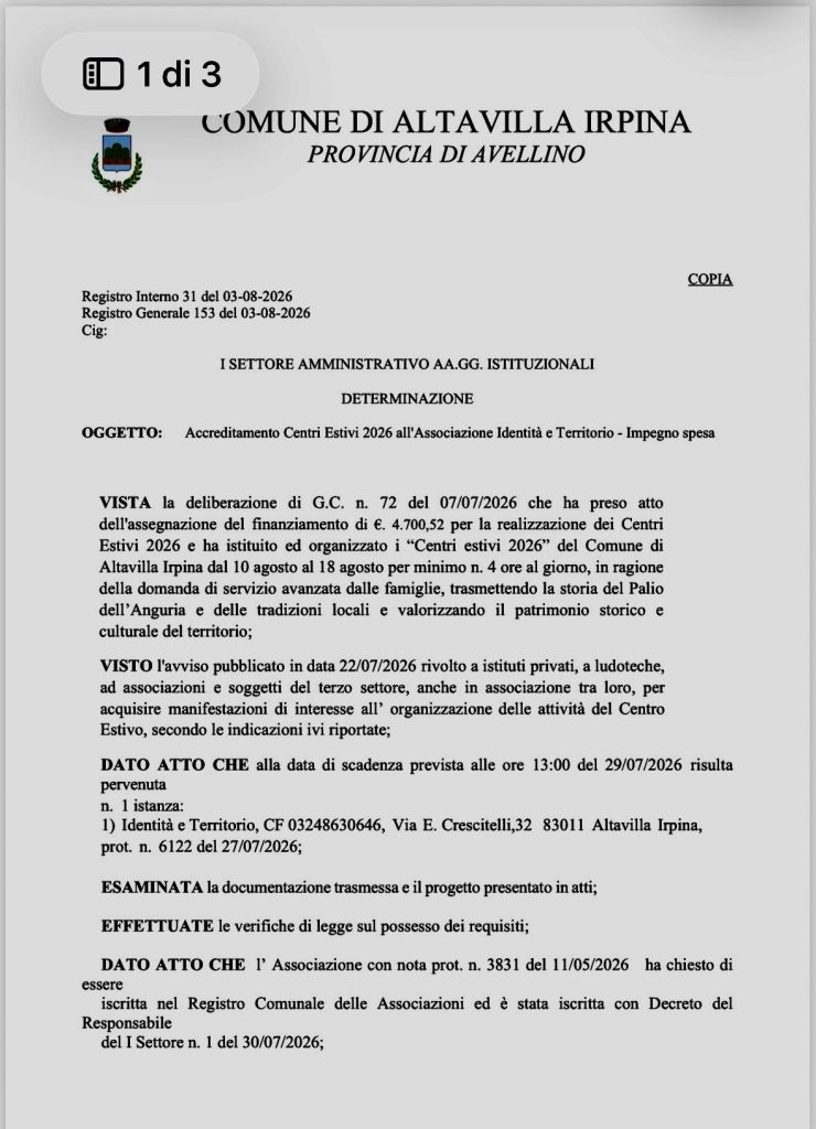 Palio dell’Anguria e Centro Estivo, il Comune di Altavilla Irpina approva due impegni di spesa