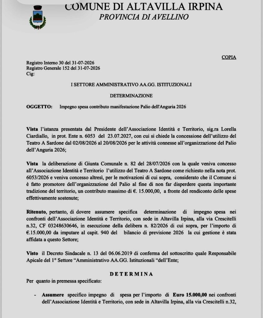Palio dell’Anguria e Centro Estivo, il Comune di Altavilla Irpina approva due impegni di spesa Palio dell’Anguria e Centro Estivo, il Comune di Altavilla Irpina approva due impegni di spesa