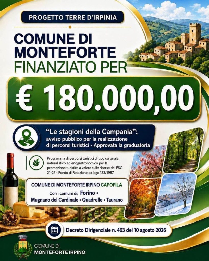 Mugnano del Cardinale, 180mila euro per “Terre d’Irpinia”: territorio e turismo al centro del progetto Mugnano del Cardinale, 180mila euro per “Terre d’Irpinia”: territorio e turismo al centro del progetto