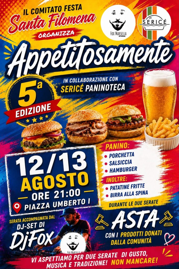 Mugnano del Cardinale, “Appetitosamente” accende la festa di Santa Filomena: due serate di gusto, musica e tradizione Mugnano del Cardinale, “Appetitosamente” accende la festa di Santa Filomena: due serate di gusto, musica e tradizione