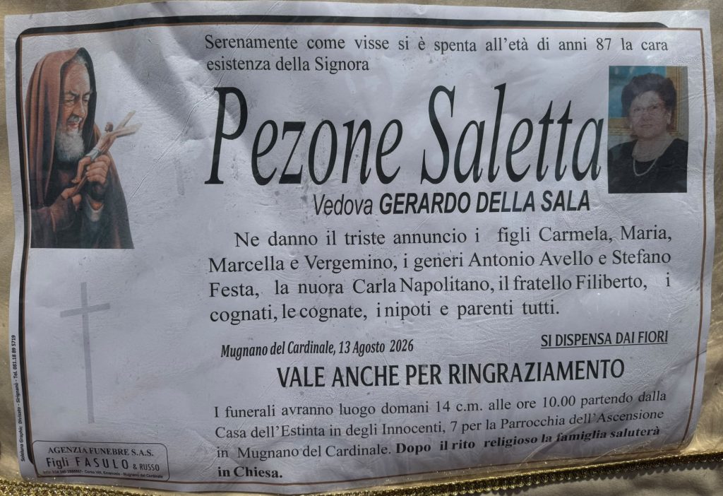 Mugnano del Cardinale in lutto: si è spenta Saletta Pezone, aveva 87 anni Mugnano del Cardinale in lutto: si è spenta Saletta Pezone, aveva 87 anni
