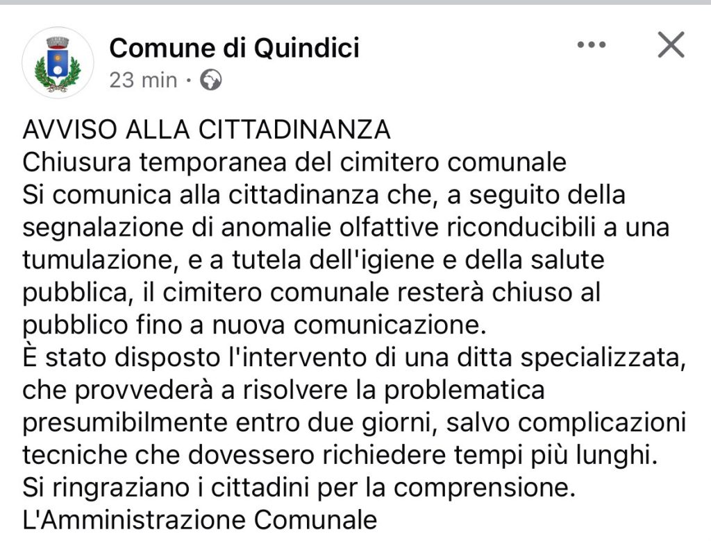 Quindici, anomalie olfattive da una tumulazione: chiuso temporaneamente il cimitero comunale Quindici, anomalie olfattive da una tumulazione: chiuso temporaneamente il cimitero comunale