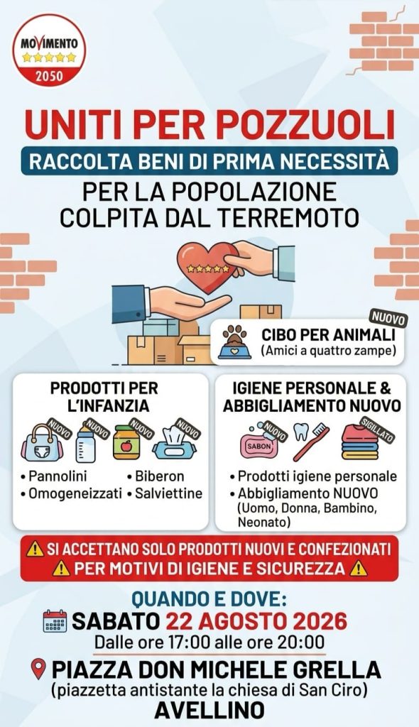 Uniti per Pozzuoli, ad Avellino una raccolta di beni di prima necessità per la popolazione colpita dal terremoto Uniti per Pozzuoli, ad Avellino una raccolta di beni di prima necessità per la popolazione colpita dal terremoto