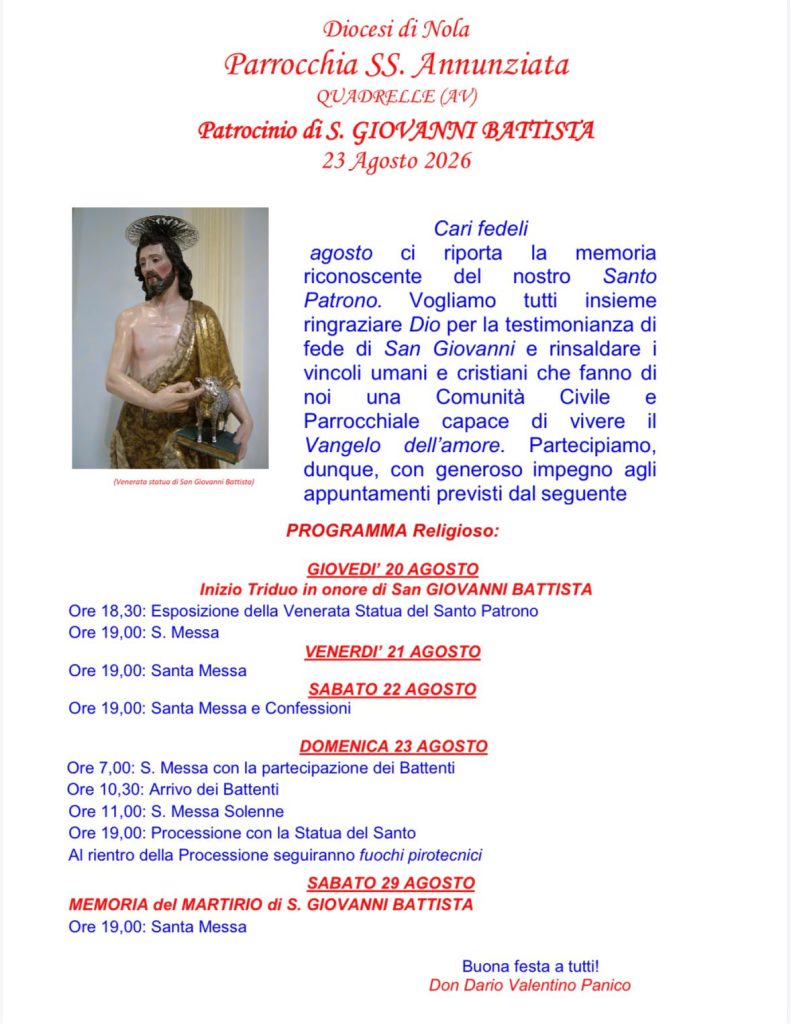 Quadrelle celebra San Giovanni Battista: il programma religioso in onore del Santo Patrono