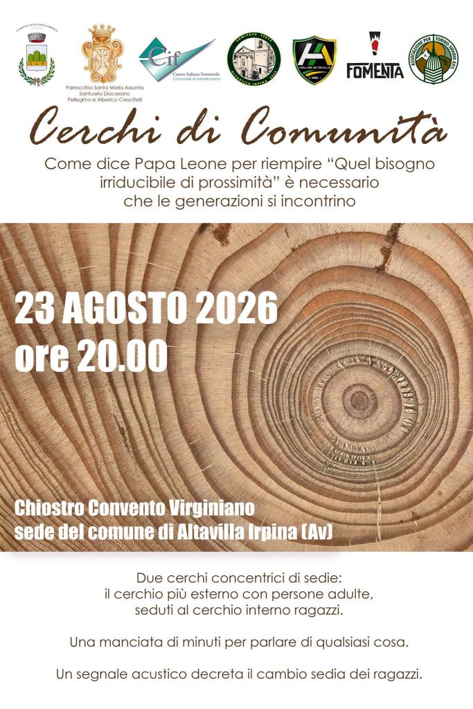 Altavilla Irpina, generazioni a confronto nel primo “Cerchio di Comunità”: appuntamento nel chiostro dei Virginiani