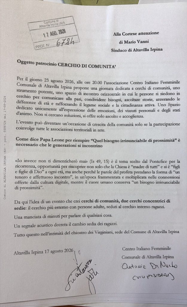 Altavilla Irpina, generazioni a confronto nel primo “Cerchio di Comunità”: appuntamento nel chiostro dei Virginiani Altavilla Irpina, generazioni a confronto nel primo “Cerchio di Comunità”: appuntamento nel chiostro dei Virginiani