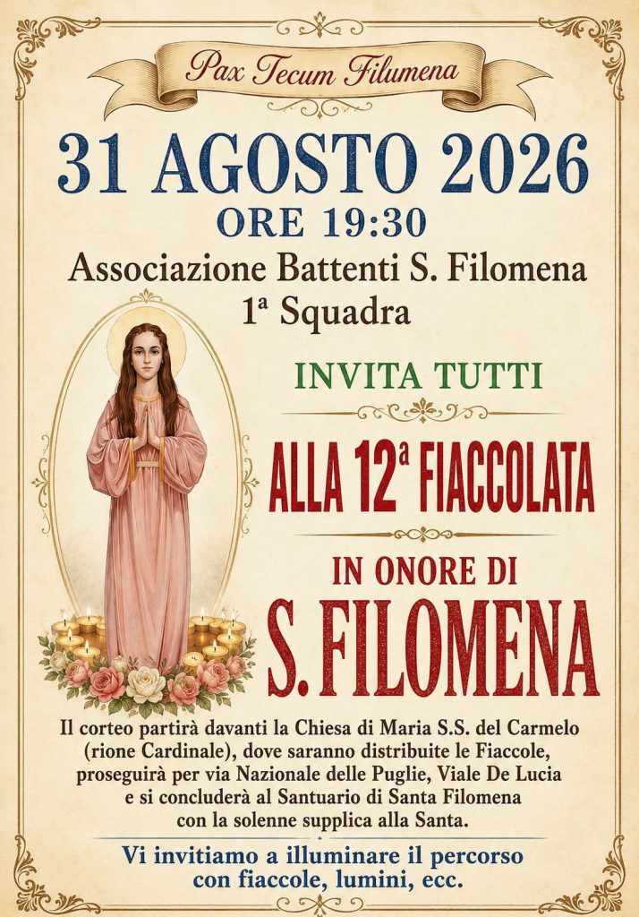 Mugnano del Cardinale, domani la fiaccolata in onore di Santa Filomena: appuntamento alle 19.30