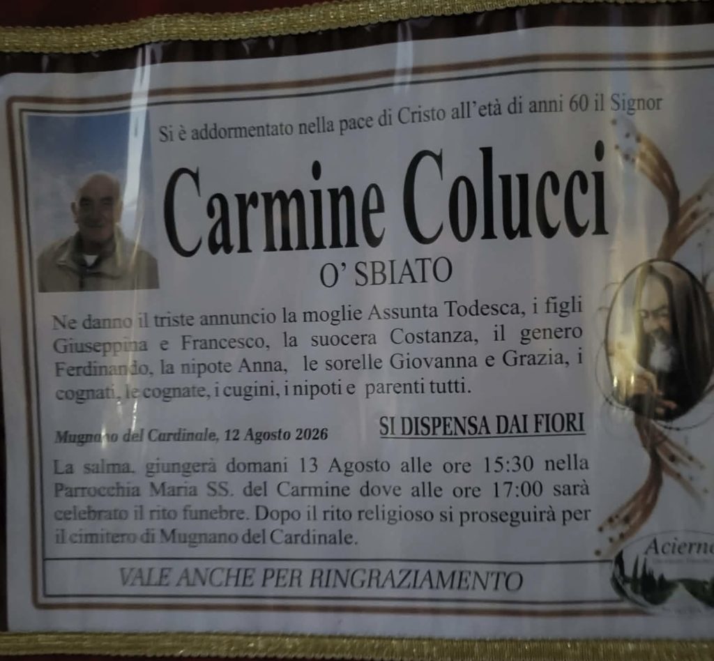 Mugnano del Cardinale, lutto  Carmine Colucci di anni 60.