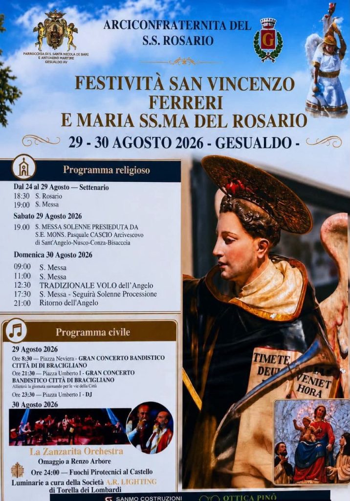 Gesualdo in festa per San Vincenzo Ferreri e Maria Santissima del Rosario: torna l’emozione del Volo dell’Angelo Gesualdo in festa per San Vincenzo Ferreri e Maria Santissima del Rosario: torna l’emozione del Volo dell’Angelo