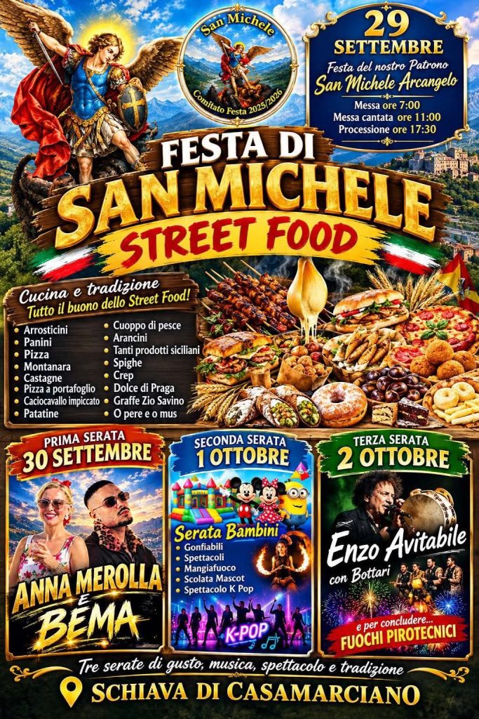 Schiava di Casamarciano, tre serate di street food, musica e spettacoli per la festa di San Michele Schiava di Casamarciano, tre serate di street food, musica e spettacoli per la festa di San Michele