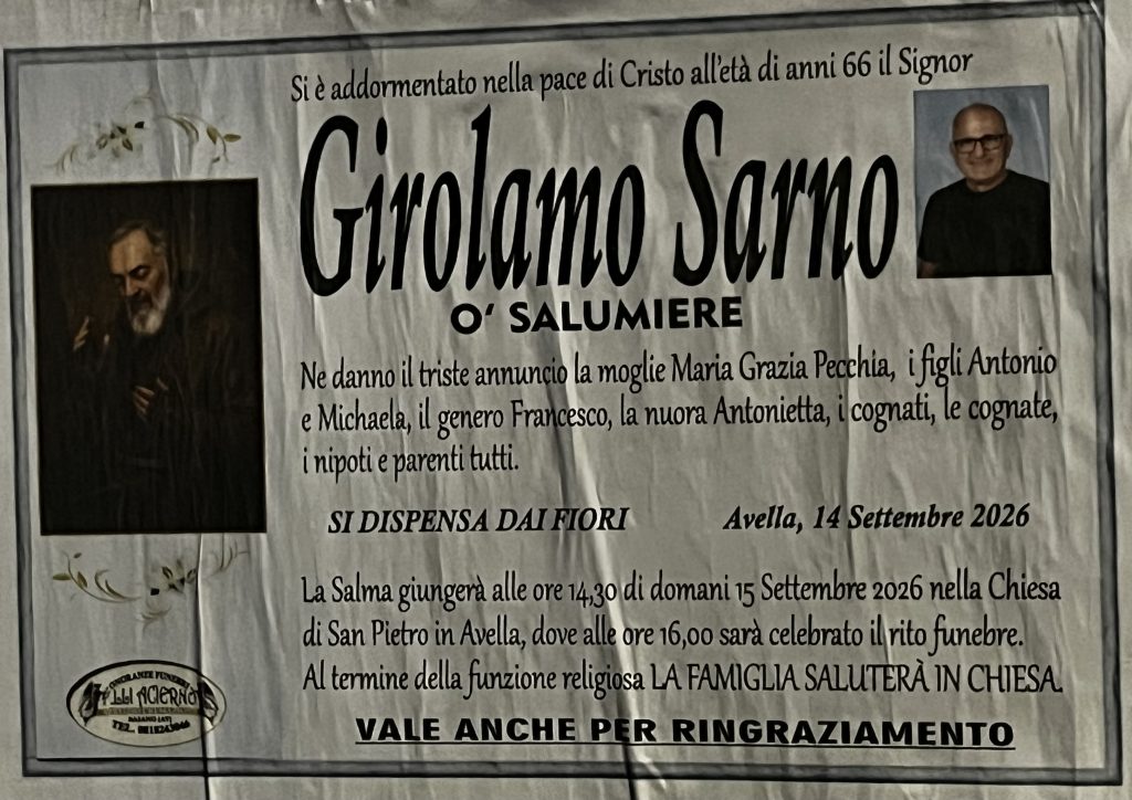 NON  È PIÙ. AVELLA. Lutto Girolamo Sarno anni 66