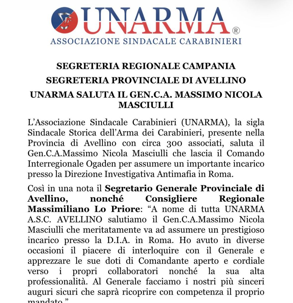 Carabinieri, nuovo incarico a Roma per il generale Masciulli: il saluto di Unarma Avellino