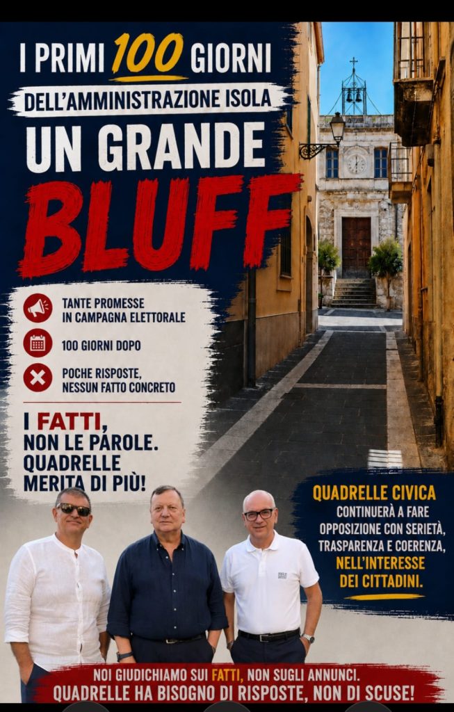 Quadrelle: lopposizione attacca: i primi 100 giorni di Amministrazione Isola solo un grande BLUFF. Quadrelle: lopposizione attacca: i primi 100 giorni di Amministrazione Isola solo un grande BLUFF.