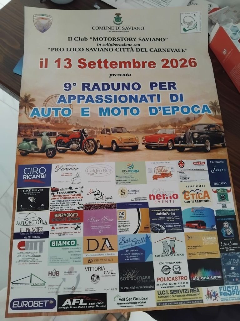 Saviano, motori e storia protagonisti: il 13 settembre torna il raduno di auto e moto d’epoca Saviano, motori e storia protagonisti: il 13 settembre torna il raduno di auto e moto d’epoca