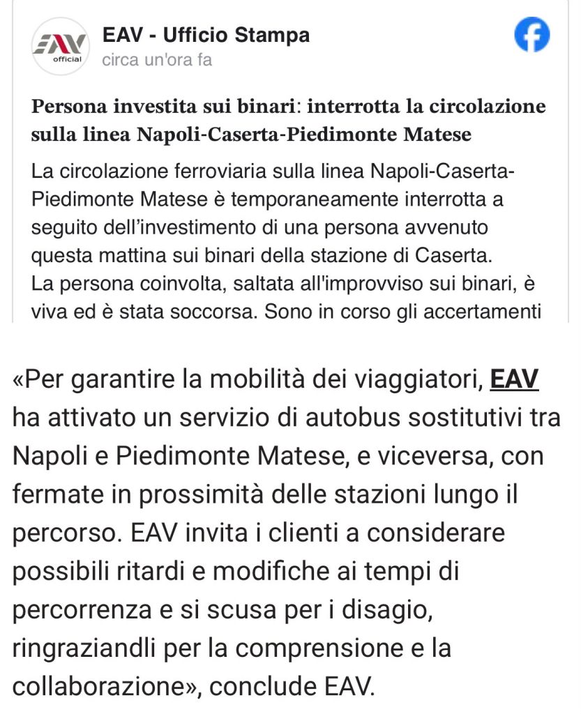 Caserta, persona investita sui binari: stop alla linea per Napoli e Piedimonte Matese