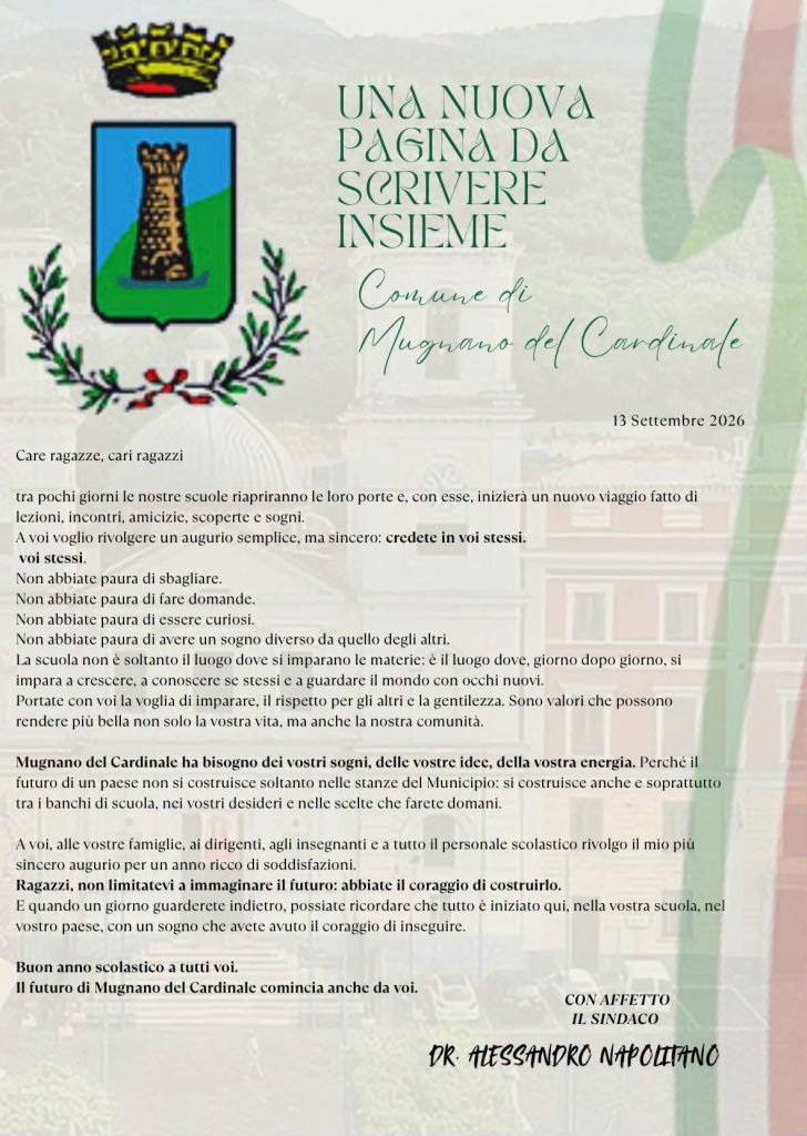 Mugnano del Cardinale, il sindaco Napolitano agli studenti: «Non abbiate paura, abbiate il coraggio di costruire il vostro futuro» Mugnano del Cardinale, il sindaco Napolitano agli studenti: «Non abbiate paura, abbiate il coraggio di costruire il vostro futuro»