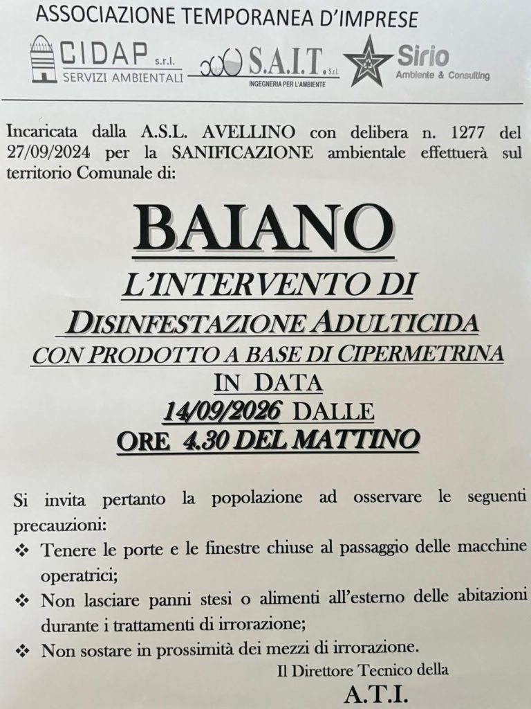 Baiano, disinfestazione adulticida nelle strade del paese: intervento questa notte a partire dalle 4.30 Baiano, disinfestazione adulticida nelle strade del paese: intervento questa notte a partire dalle 4.30