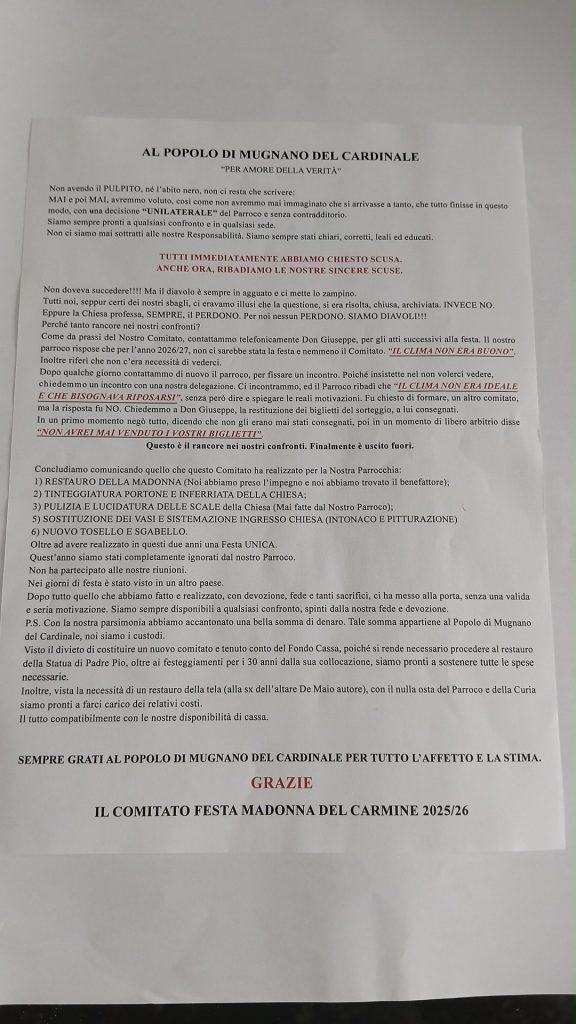 Mugnano del Cardinale, tensioni tra il Comitato Festa Madonna del Carmine e il parroco