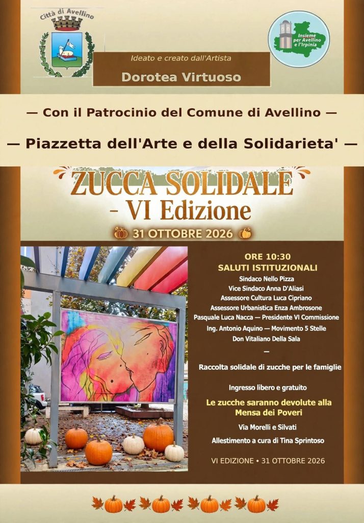 Avellino torna a colorarsi di solidarietà: il 31 ottobre la VI edizione di “Zucca solidale” nella Piazzetta dell’Arte. Avellino torna a colorarsi di solidarietà: il 31 ottobre la VI edizione di “Zucca solidale” nella Piazzetta dell’Arte.