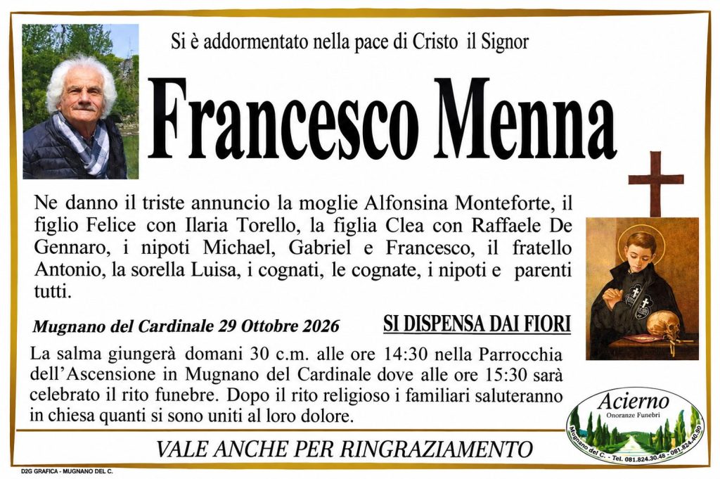 NON E PIU. Mugnano del Cardinale, lutto Francesco Menna NON E PIU. Mugnano del Cardinale, lutto Francesco Menna