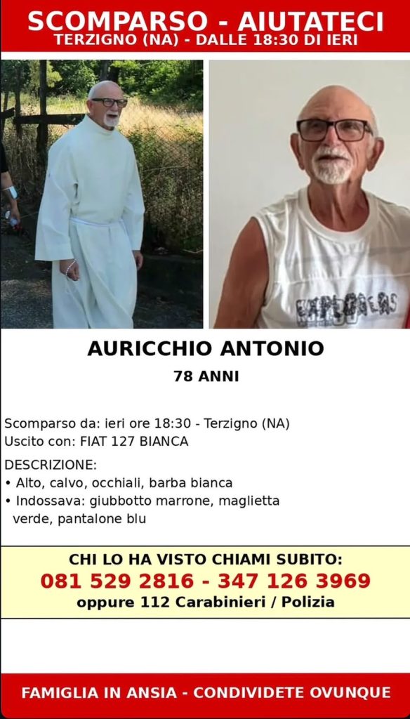 Terzigno, scomparso un uomo di 78 anni: ore di apprensione per Antonio Auricchio. L’appello della famiglia