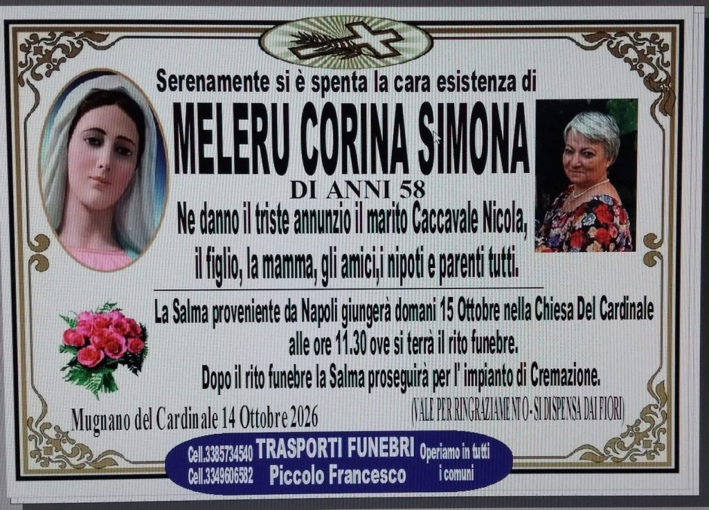 NON È PIÙ. MUGNANO DEL CARDINALE – È venuta a mancare all’età di 58 anni Corina Simona Meleru