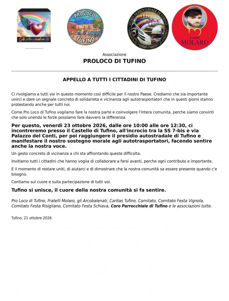 Tufino, appello della Pro Loco: venerdì 23 ottobre tutti uniti per sostenere gli autotrasportatori