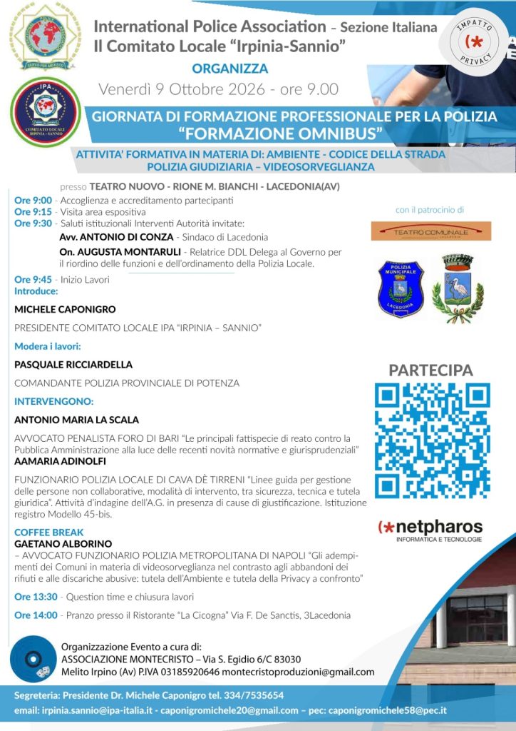 Lacedonia ospita la 3^ Edizione della Giornata di Studio per le Forze di Polizia: a confronto su sicurezza, ambiente e polizia giudiziaria.