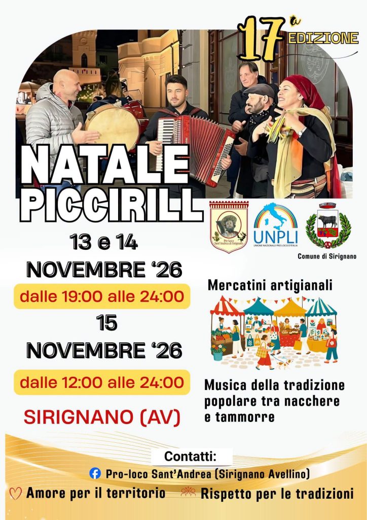Sirignano si prepara al Natale Piccirill: due giorni di musica popolare, mercatini e tradizioni