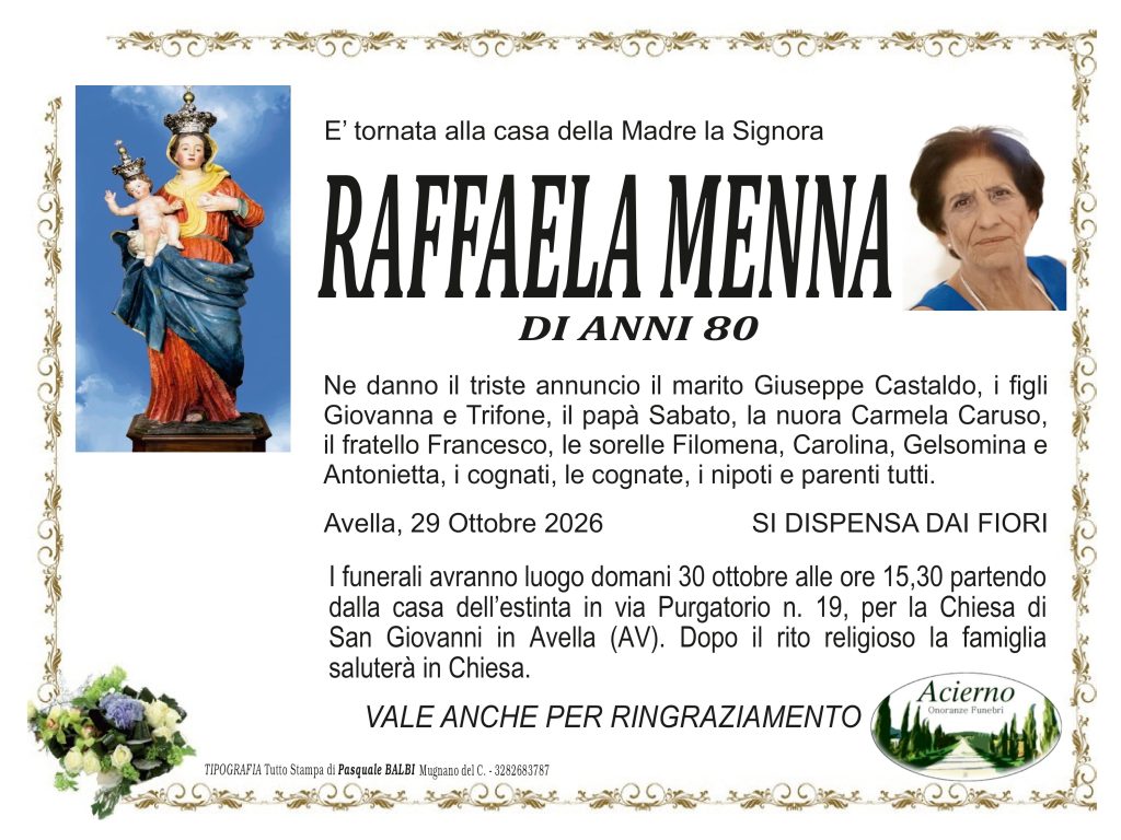 Avella, addio a Raffaela Menna: aveva 80 anni Avella, addio a Raffaela Menna: aveva 80 anni