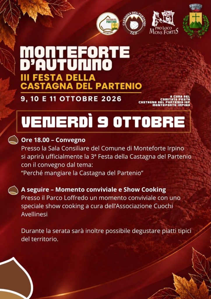 Monteforte d’Autunno, tre appuntamenti tra sapori, tradizioni e storia: si parte con la Festa della Castagna del Partenio