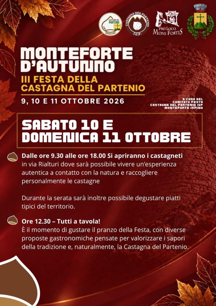 Monteforte d’Autunno, tre appuntamenti tra sapori, tradizioni e storia: si parte con la Festa della Castagna del Partenio Monteforte d’Autunno, tre appuntamenti tra sapori, tradizioni e storia: si parte con la Festa della Castagna del Partenio