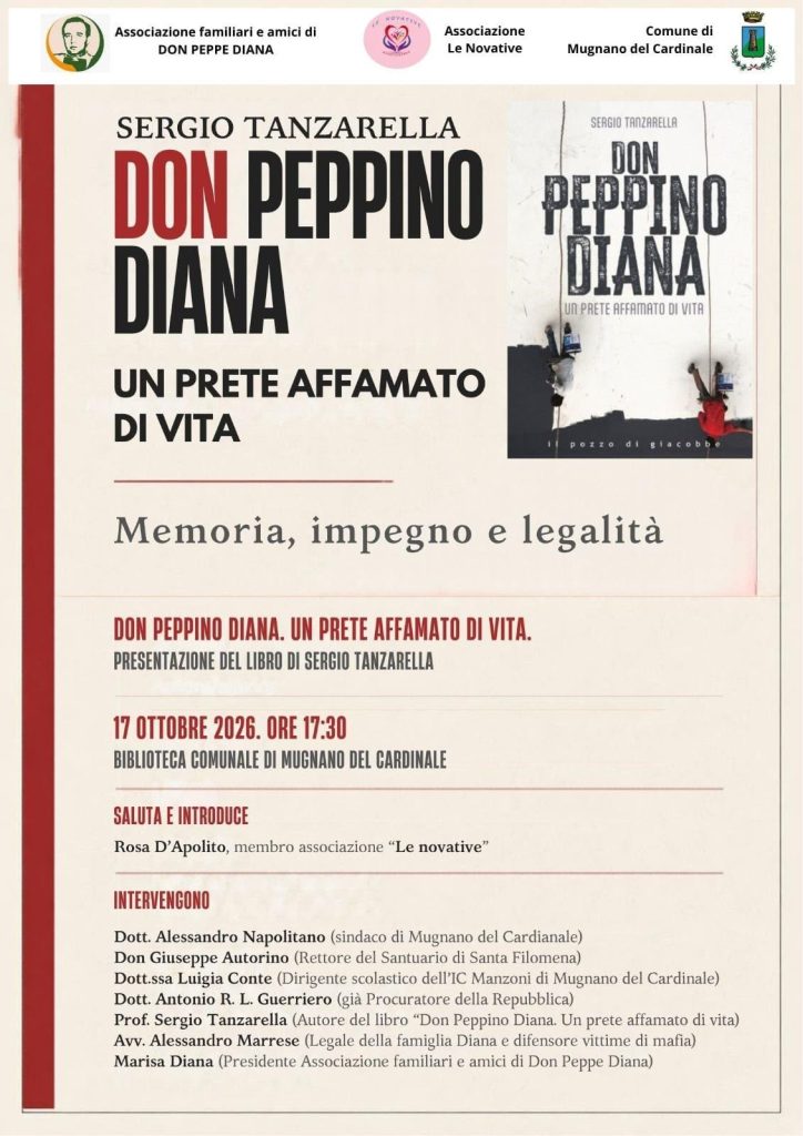 Mugnano del Cardinale, un incontro per ricordare don Peppe Diana: il 17 ottobre la presentazione del libro di Sergio Tanzarella