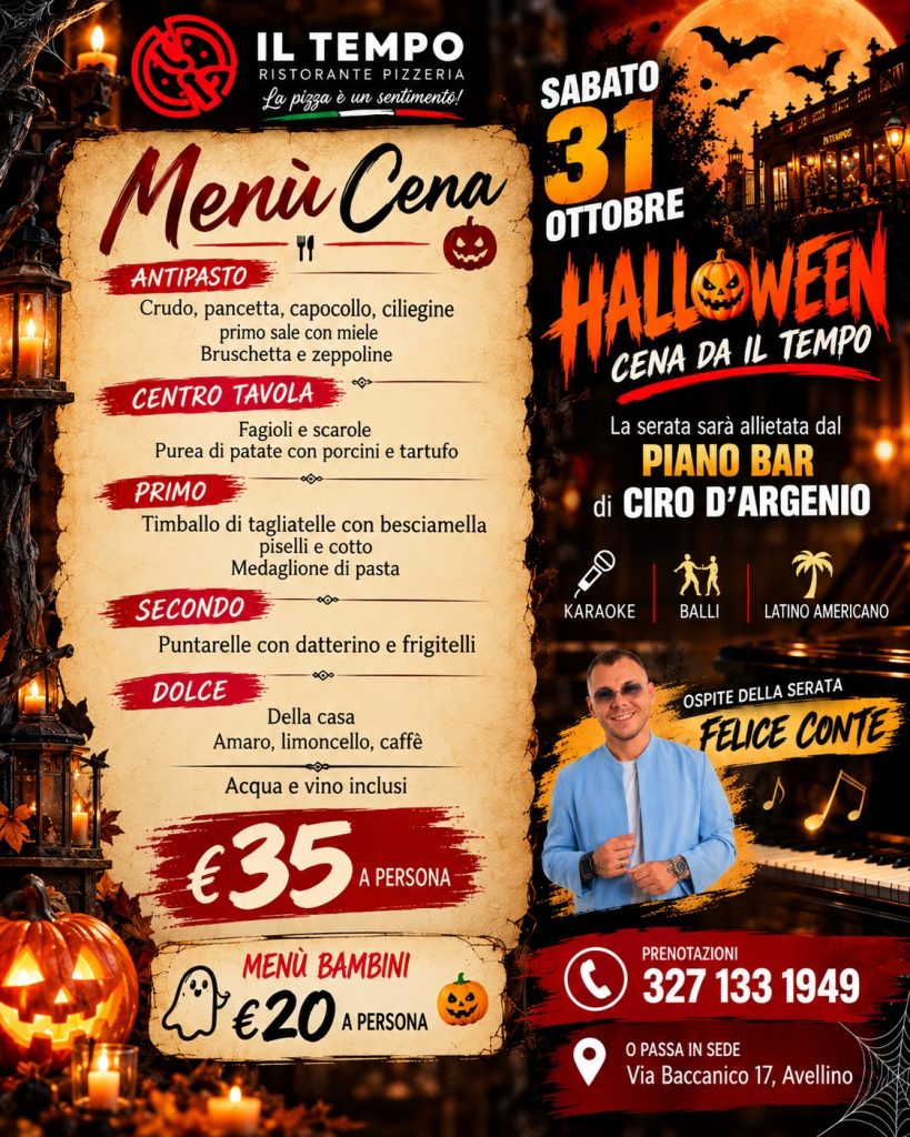 Avellino, Halloween a tavola da “Il Tempo”: cena, musica e divertimento sabato 31 ottobre Avellino, Halloween a tavola da “Il Tempo”: cena, musica e divertimento sabato 31 ottobre