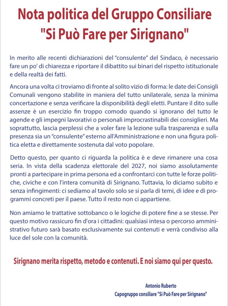 Sirignano, tensioni politiche in Consiglio comunale: Ruberto attacca sulla gestione delle sedute e guarda alle elezioni del 2027 Sirignano, tensioni politiche in Consiglio comunale: Ruberto attacca sulla gestione delle sedute e guarda alle elezioni del 2027