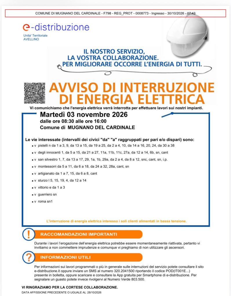 Mugnano del Cardinale, martedì 3 novembre chiusi due istituti scolastici per lavori alla rete elettrica Mugnano del Cardinale, martedì 3 novembre chiusi due istituti scolastici per lavori alla rete elettrica